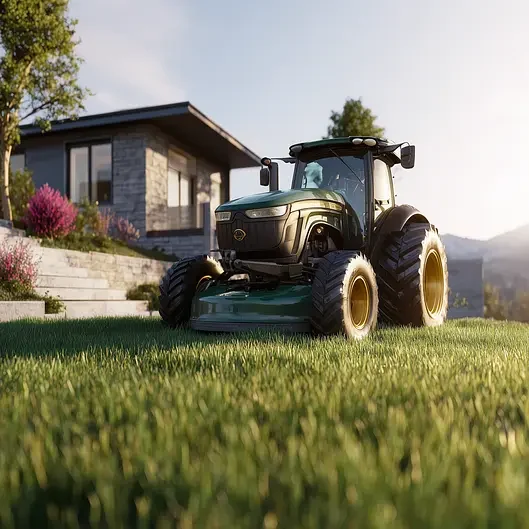 A green tractor with large tires stands on a well-manicured lawn near a modern house with stone walls, surrounded by greenery and flowering bushes under a sunny sky.